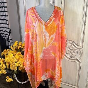 Sol & Met Vibrant Orange and Pink Women's Sheer Beaded Swim Cover-Up